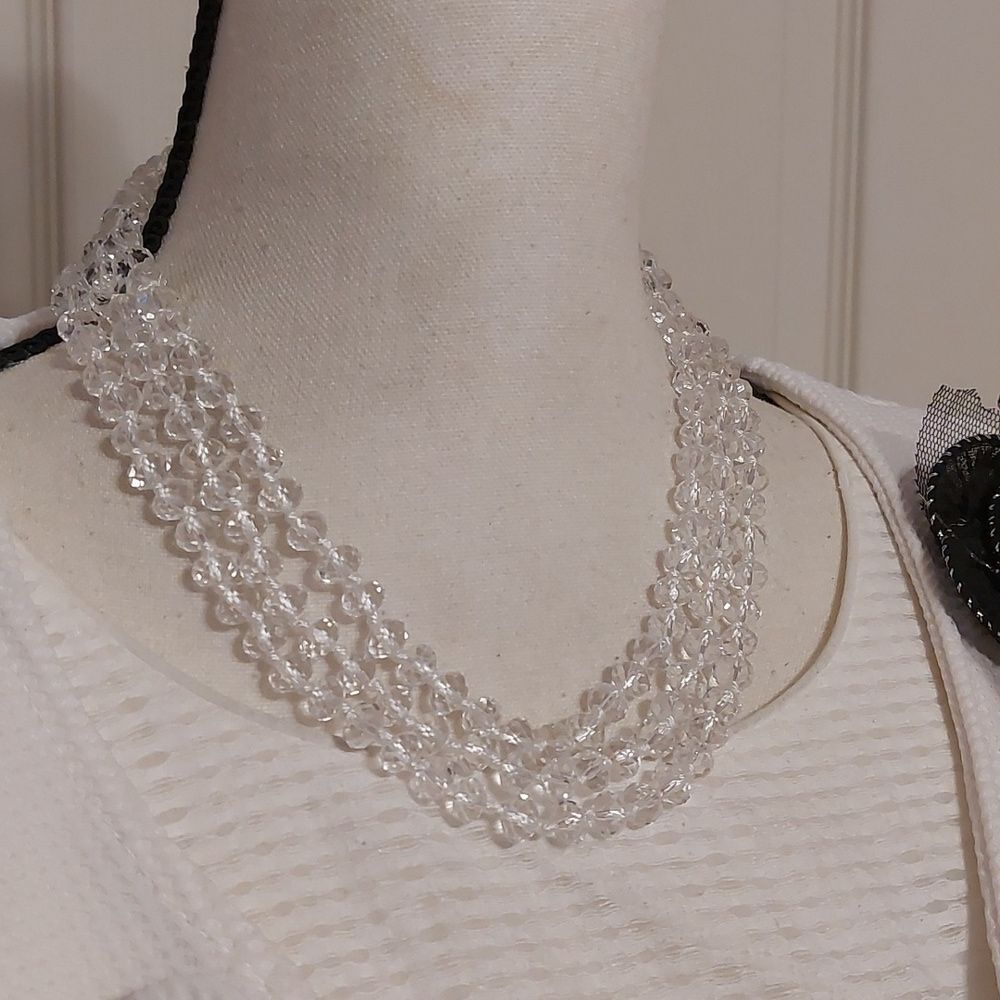 Clear Faceted Beads Beaded on White Cord Extra Long Flapper Necklace - Picture 2 of 6